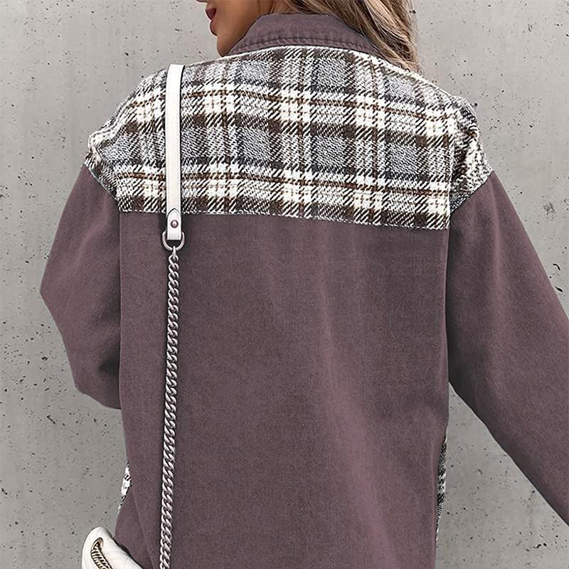 Denim Jacket Checkered Button Up Shirt Jacket Women's Patchwork Jacket Warm Comfortable Commuter Long Sleeved Shirt Autumn Winter