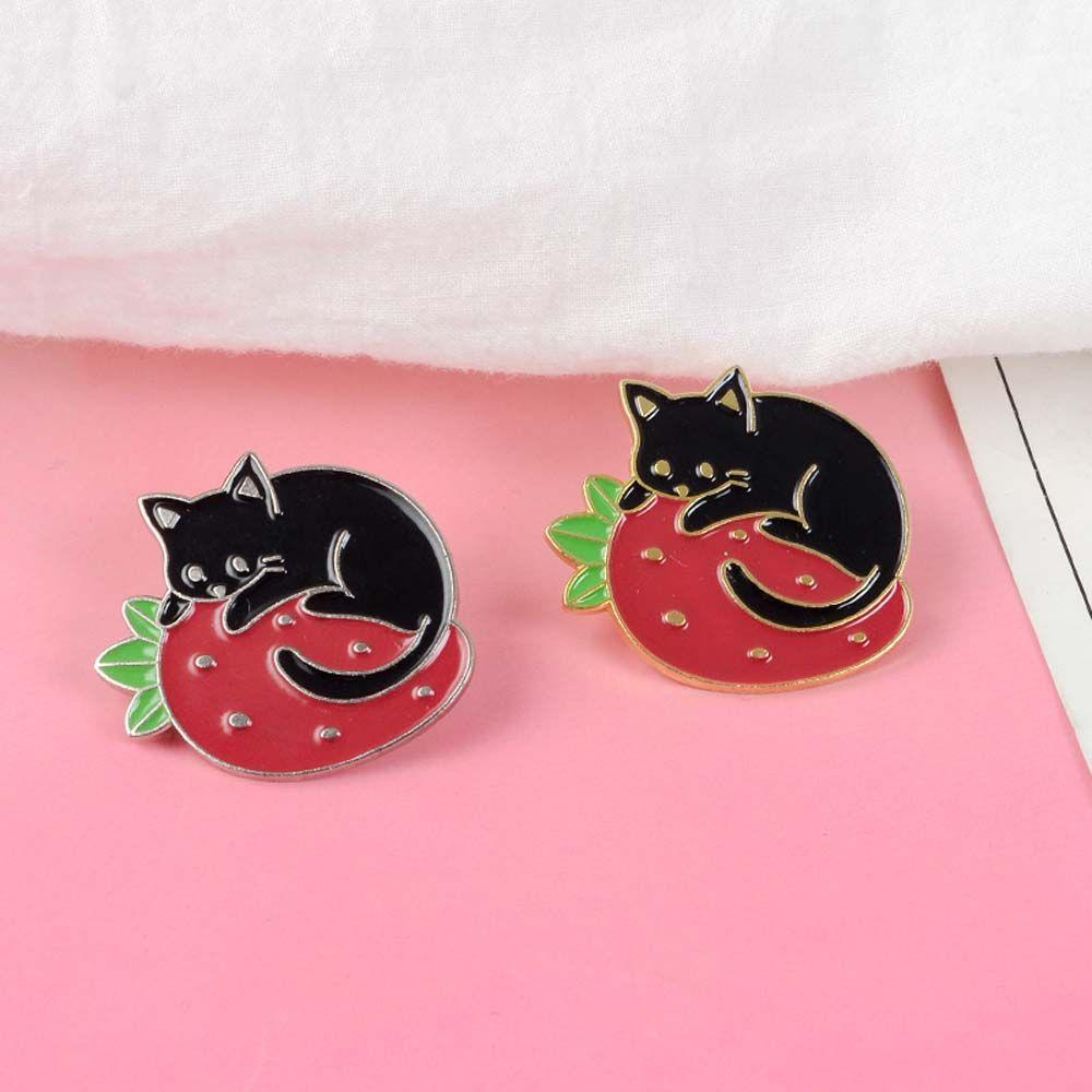 Black Cat Lapel Pin Jewelry Accessories Strawberry Brooches Pin Enamel Pin Cat Brooch Lapel Brooch