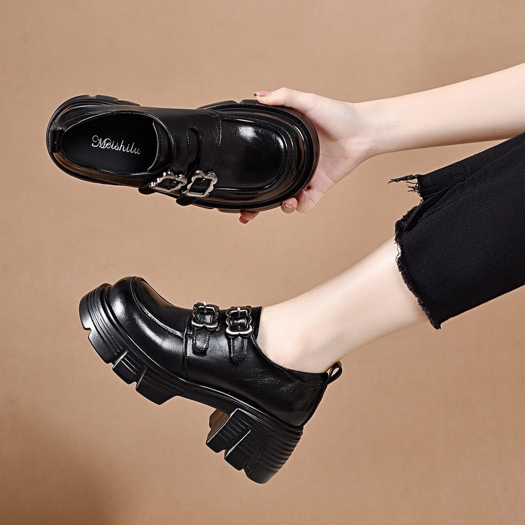 Platform shoes women's spring new double-breasted round head muffin shoes college style one-pedal women's single shoes