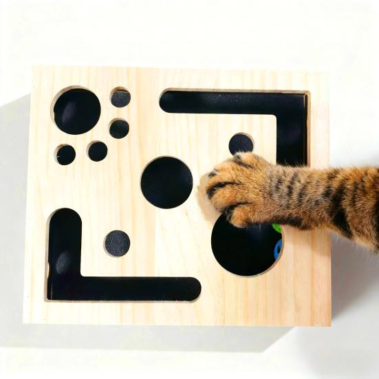 Cat Nail File Box, Wooden Cat Enrichment Box Puzzle Toy, Interactive Cat Scratcher, Nail File Toy Includes Sandpaper for Indoor