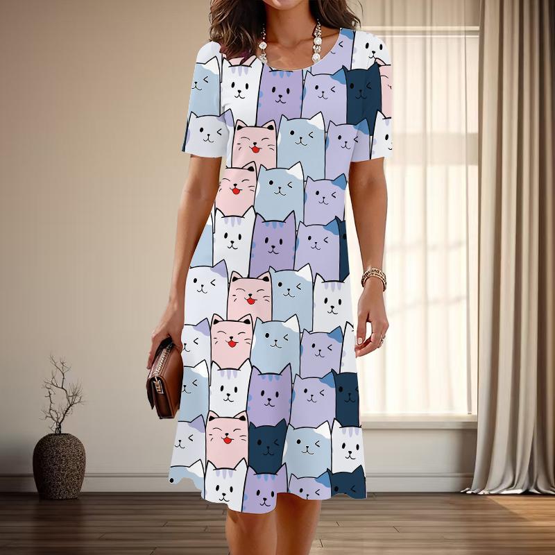 Women's Fashion Graceful Kitten Print Summer Spring Short Sleeve O-Neck Casual Dresses