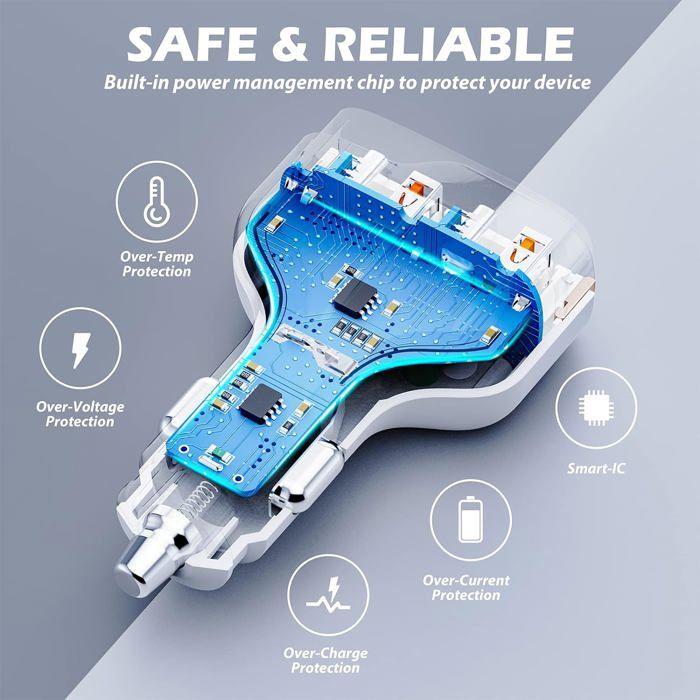 Chargeur Allume Cigare USB - 60W - 4 Ports - Charge Rapide - Universel