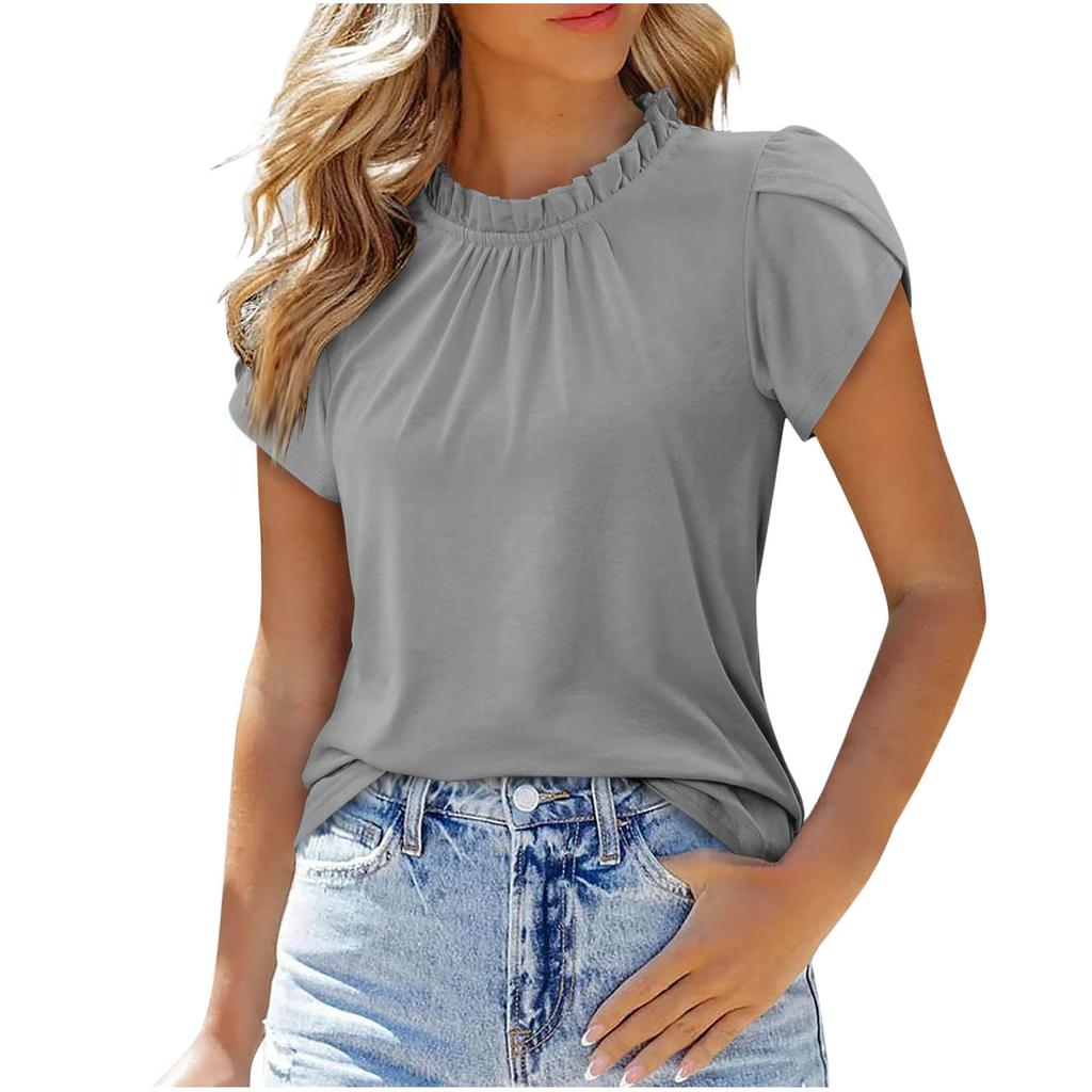 Damen Mode Einfarbig Knopf Rundhals Kurzarm Plissierte Bluse Leichtes Lässiges Oberteil für den Alltag