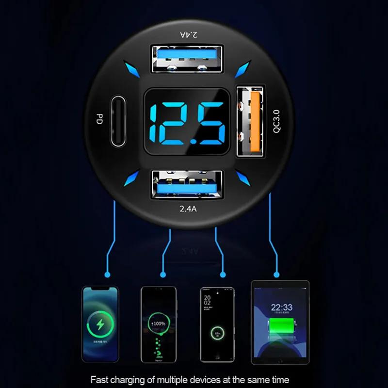 4-Port 66W Autoladegerät Schnellladeadapter für Zigarettenanzünder PD + QC + USB Schnellladetelefonladegerät für iPhone Xiaomi Samsung