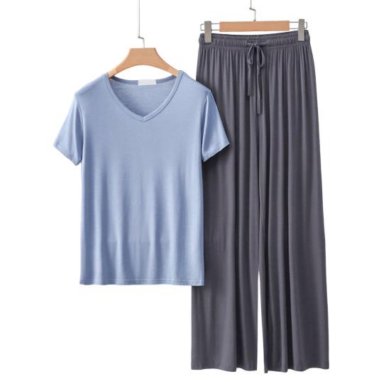 

Женский комплект пижамы из 2 предметов, повседневный, с V-образным вырезом, с короткими рукавами, пуловер, комплект брюк с широкими штанинами, летние наряды для отдыха L серый