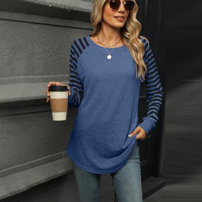 Color Blocking Gestreiftes Patchwork Rundhals Langarm T-Shirt Frack Oberteil für Damen