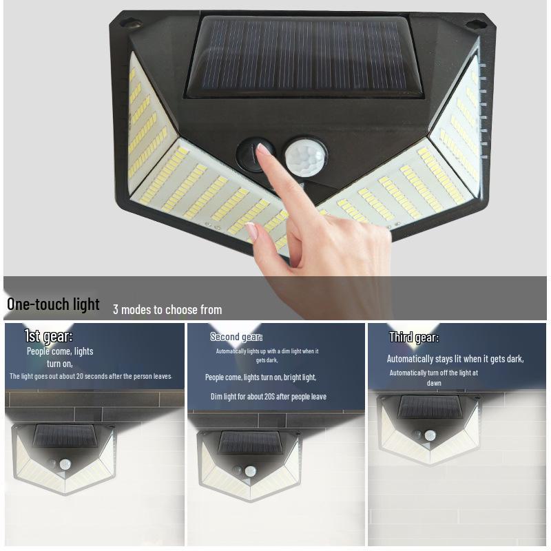 3-Mode Solar LED Wall Light: 110 LEDs, Outdoor Motion Sensor, Waterproof for Courtyard & Corridor.