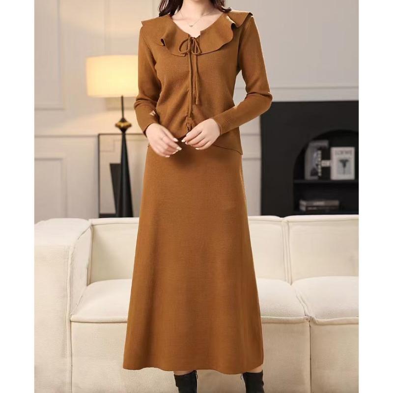 

Тонкий ремень с краем листа лотоса, трикотажная юбка-свитер из двух частей, осенне-зимний темперамент для перерыва на чай, универсальный однотонный костюм с завышенной талией и тонкой юбкой One size