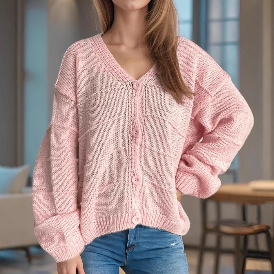Autumn New Casual Loose Top Pink Outer V-neck Long Sleeved Women's Knitted Sweater Cardigan 3606