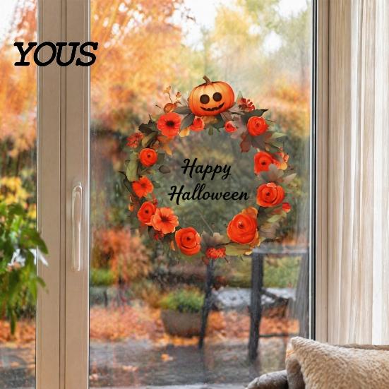 Festive Fall Window Clings Halloween Wreath Wall Stickers, Happy Garland Decals, Retro Autumn Pumpkin DIY Decoration & Rose Waterproof PVC Decor