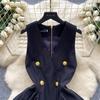 Summer V-neck Sleeveless Double Breasted Dress with Women's Niche Design High Waist A-line Vest Dress