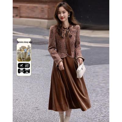Demana Elegant Wool Blend Faux Two-Piece Midi Dress