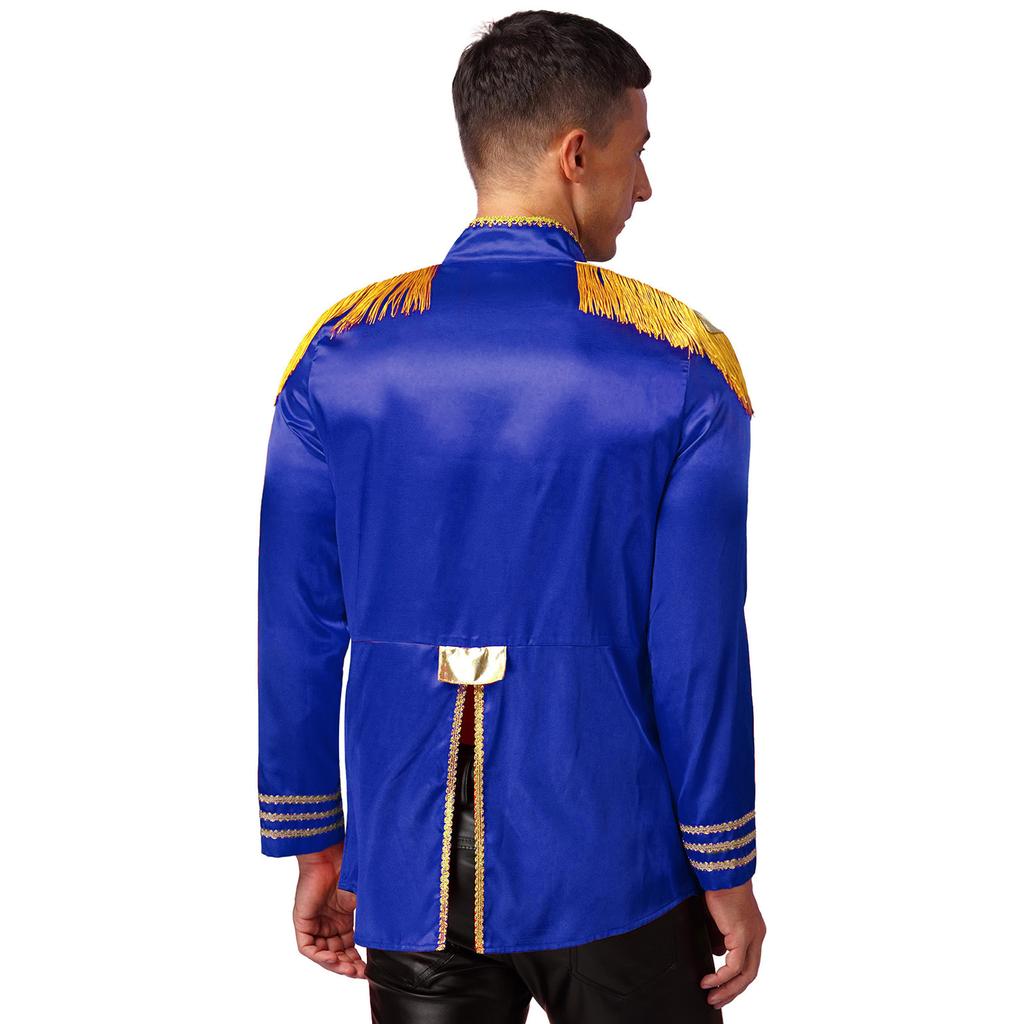 Giacca Medievale da Uomo per Halloween Capospalla Lungo in Raso con Nappe sulle Spalle e Bordi Dorati Chiusura a Zip Costume Hippy