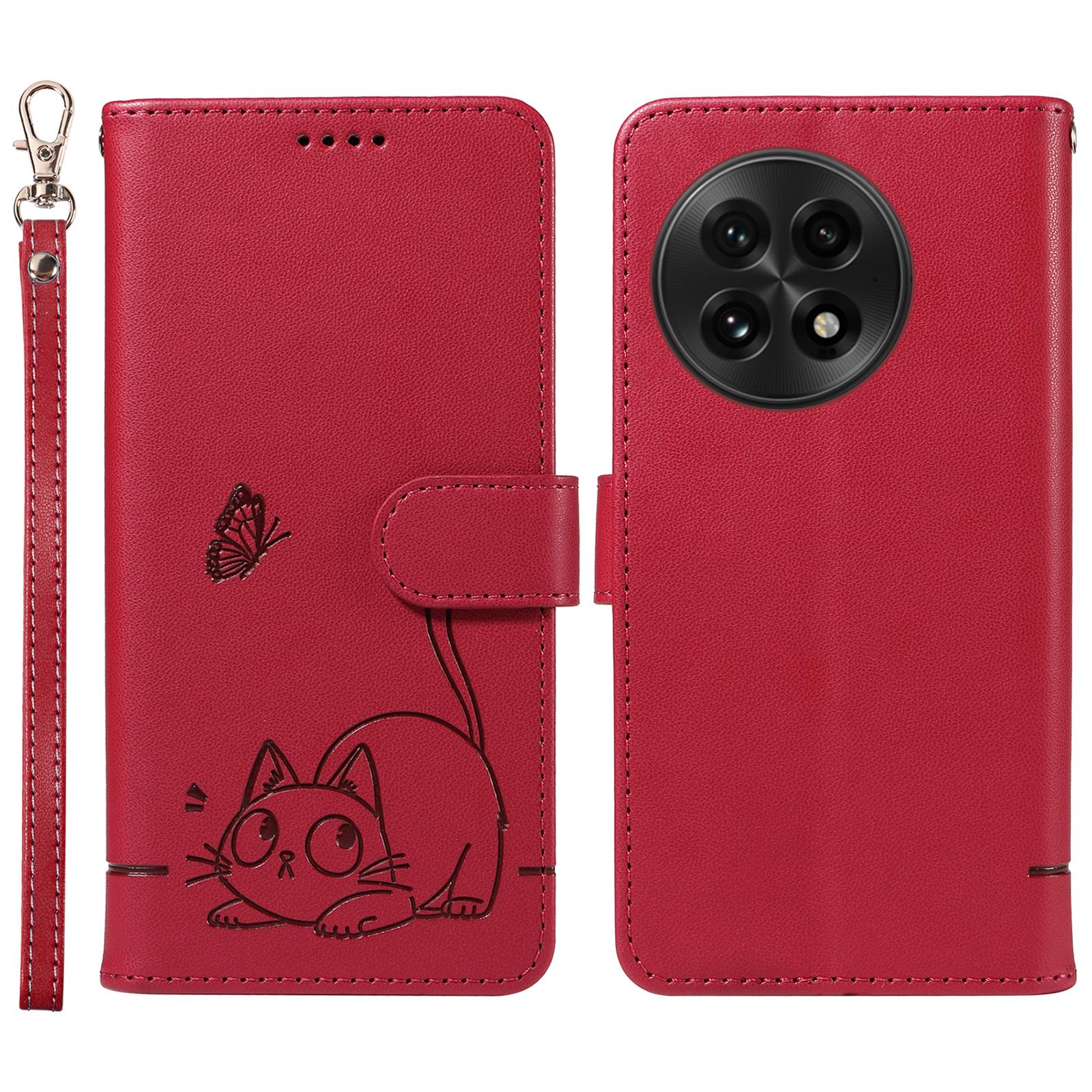 

For OnePlus 13 Wallet Case Cat Pattern Imprint Leather Phone Cover with Wrist Strap Red
