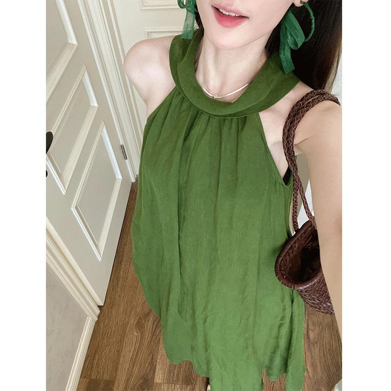 French Lazy Style Green Halterneck Off-the-Shoulder Dress Women's Summer New Temperament Resort Dress