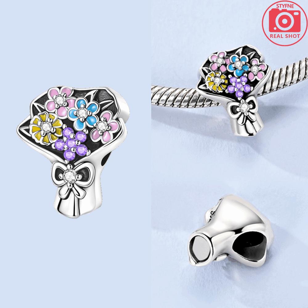 

Charms 925 Silver Blue Pink Bouquet Purple Zircon Beads for Women DIY Jewelry Gifts Bracelet Necklace Daily Accessories