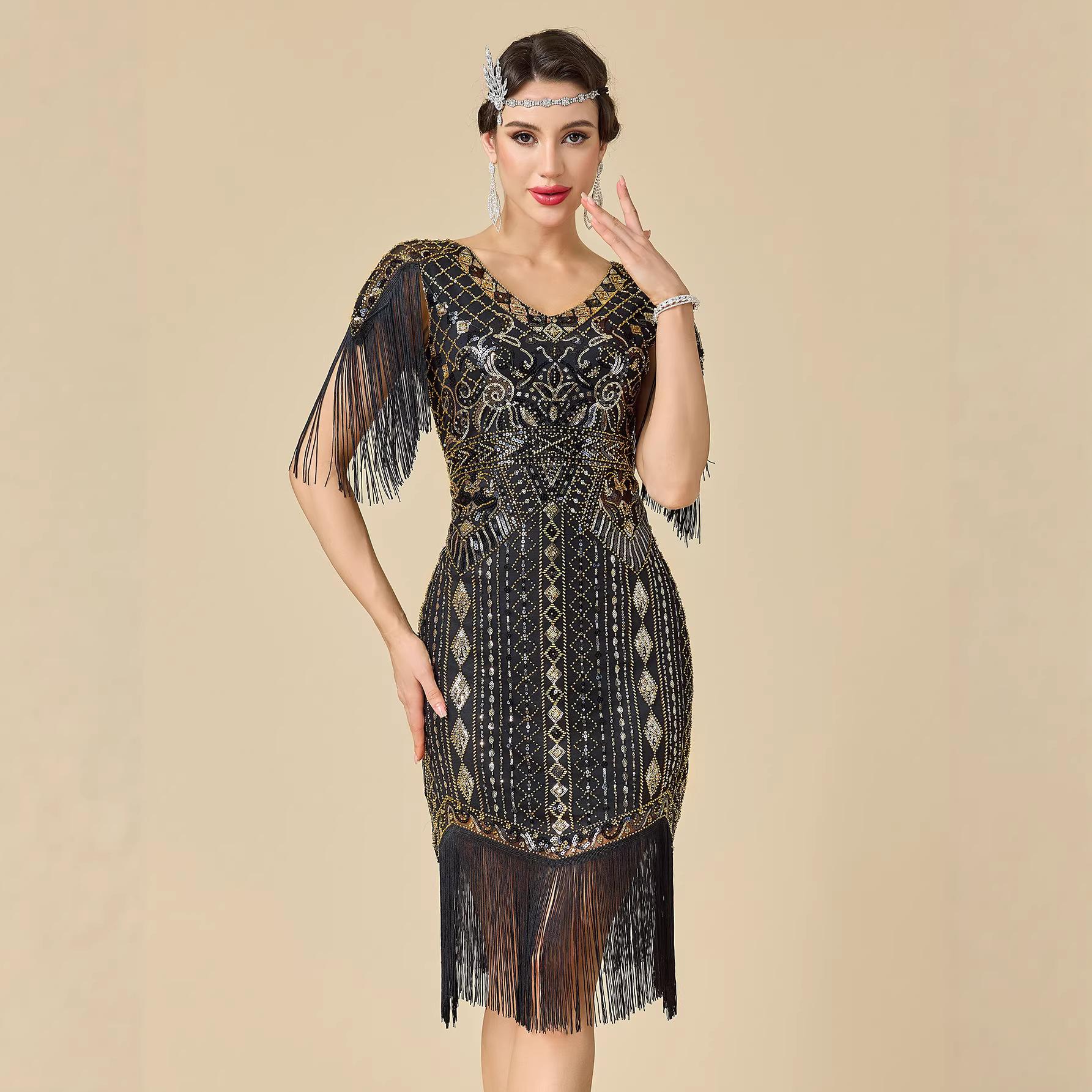 

Women s Plus Size 1920s Gatsby Flapper Dress, Sequin Beaded Short Sleeve Fringe Evening Gown For Party & Pr XL різнокольоровий