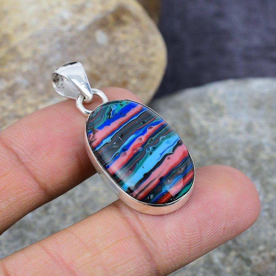 

Rainbow Calsilica Gemstone Handmade 925 Sterling Silver Jewelry Chain Pendant