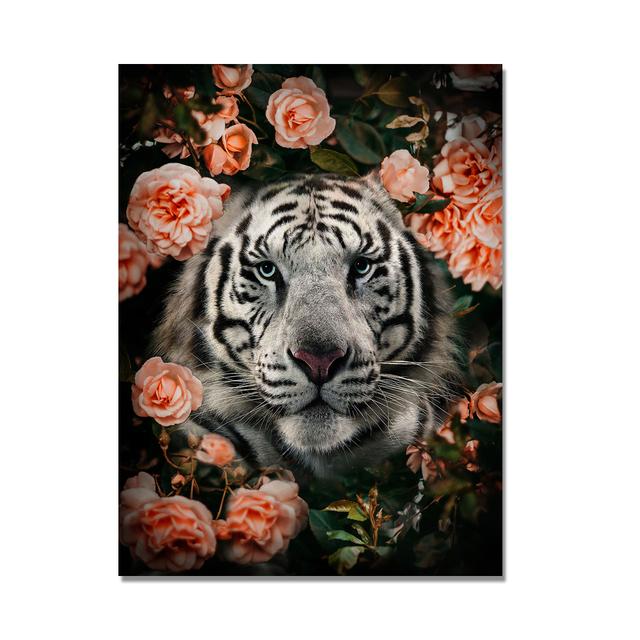 Lion and Tiger Flowers Canvas Painting Animal Cuadros Posters and Prints Nordic Wall Art Pictures for Living Room Home Decor