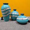 Earthenware 'Warli Turquoise' Blue Handpainted Terracotta Oblong Flower Vase, Terracotta Decorative For Home Decor