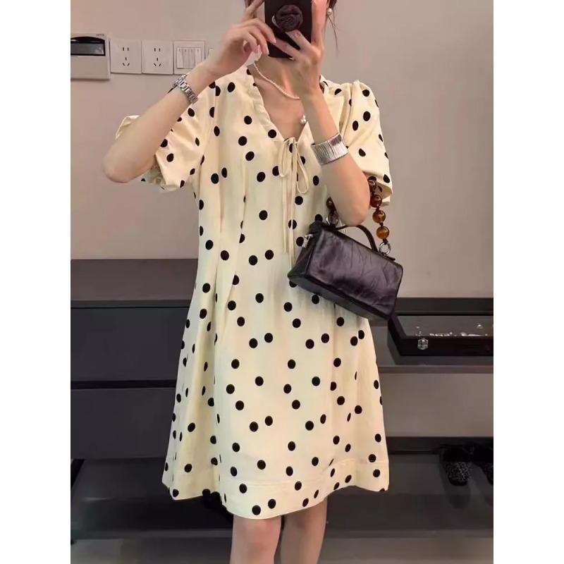 Women's French Style Black Polka Dot V Neck Puff Sleeve Dress