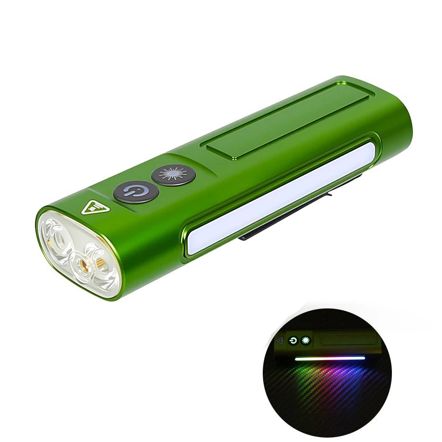 EDC Flat LED Flashlight USB Rechargeable with Green Lantern Outdoor Waterproof Lamp Side Lighting RGB Lights for Camping Hiking