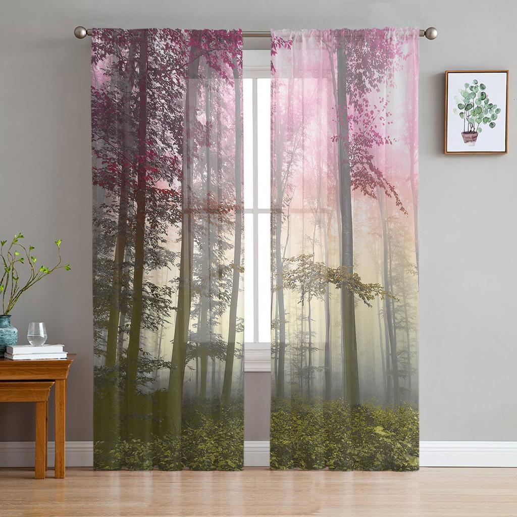 Youth Bedroom Sheer Curtains Autumn Wild Trees Forest Kitchen Study Curtains Living Room Holiday Decor Tulle Curtains