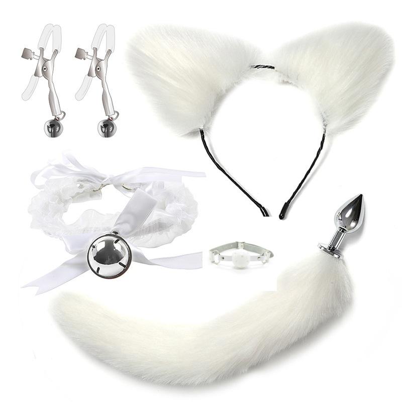 VaHppy SM Sex Toy Sets role-playing Fox 5pcs/lot Plush Anal Plug Tail Bell Collar Mouth Plugs White/Black/Pink Couple games