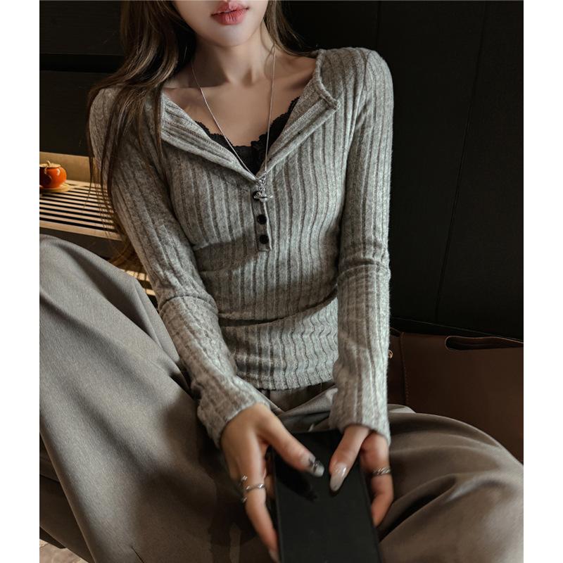 Otoño Primavera Jersey Falso de Dos Piezas con Retazos de Encaje Base Camiseta Pulóver Casual para Mujer Todo Combinable Camiseta Superior