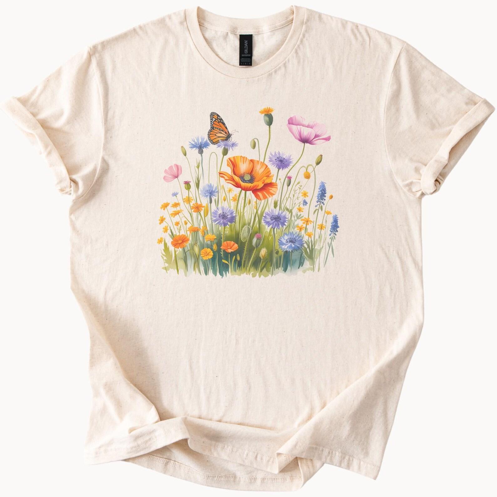 Wildflower Meadow Graphic T Shirt with Butterfly and Colorful Floral Garden Nature Art Botanical Tee Gift for Flower Lovers 100