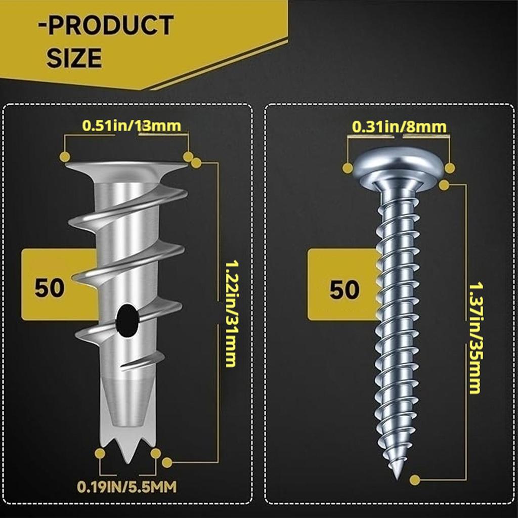 Drywall Screws 50 Pieces Heavy Duty Nails With 50 Fasteners Metal Wood Screws For Wood Drywall Hollow Wall Panel Board Bathroom