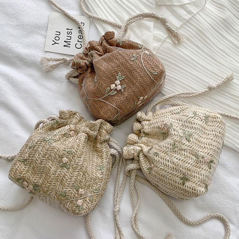 Lace Drawstring Bucket Bag Elegant Woven Beach Bag Leisure Straw Bag  Vacation