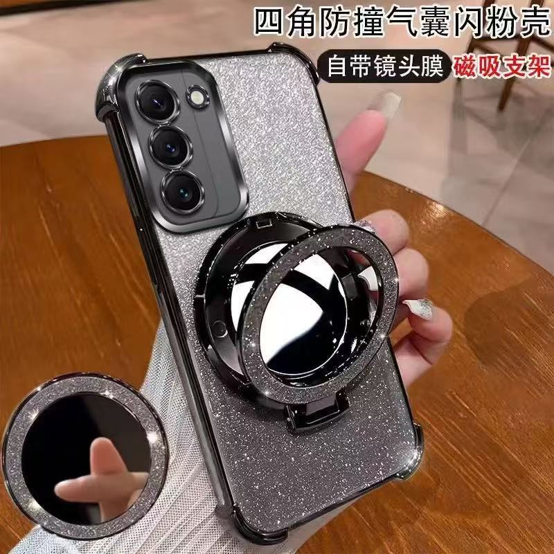 Glitter Bracket Mirror Holder Case for Samsung Galaxy S26FE S25FE S24FE S23FE S21FE Magnetic Stand Clear Gradient Soft Cover