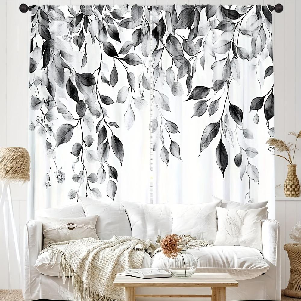 2pc Black and white floral pattern curtains   polyester fabric   machine washable   suitable for bedroom and living room decoration