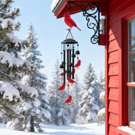 Red Bird Wind Chime with 4 Tubes Weather-resistant Vintage Indoor Outdoor