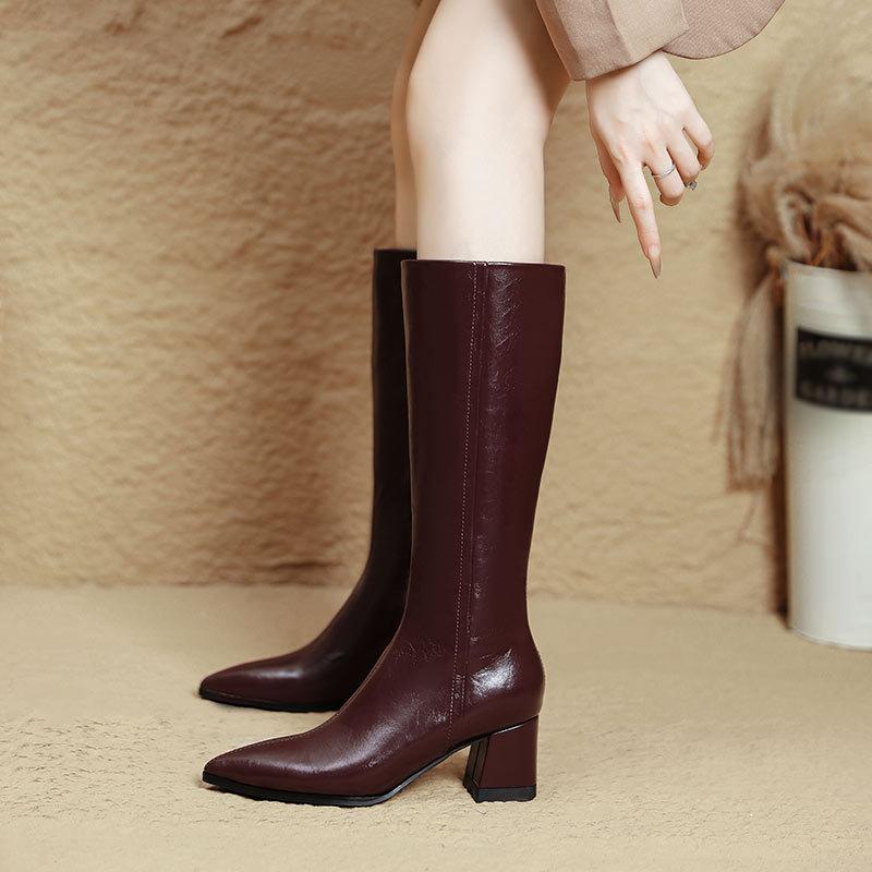 High Heels But Knee Boots Women's New Autumn and Winter 2025 Pointed High Boots Large Size Thick Heel Thin Boots