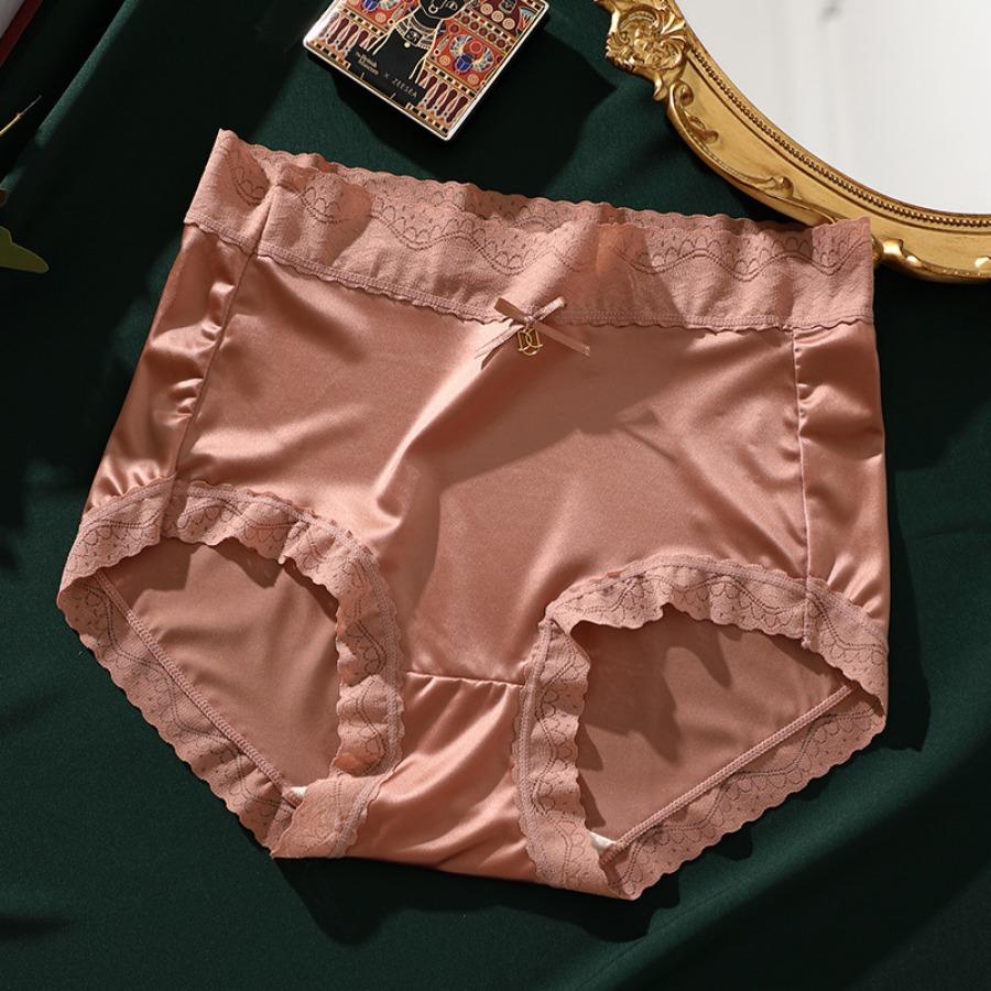 Women Luxury Satin Panties Tummly Control Summer Sexy Lace Briefs High Waist Plus Size Cotton Crotch Breathable Underpants Lingerie Underwear