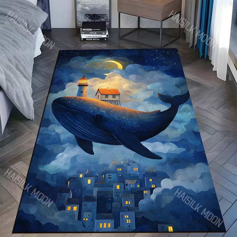 Whale Carrying Lighthouse House Print Carpet Rug for Living Room Bedroom Sofa Doormat Home Decor Non-slip Floor Mat