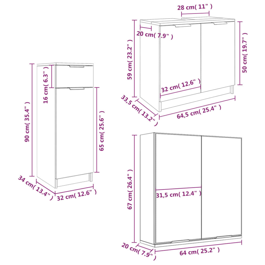 3 Piece Bathroom Furniture Set Grey Sonoma Particleboard