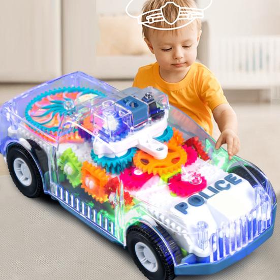Light Up Toy Car with Universal Wheels Transparent Car Model with Colorful LED Lights Spinning Gears Music Mini Car Sensory Toys for Boys 3+