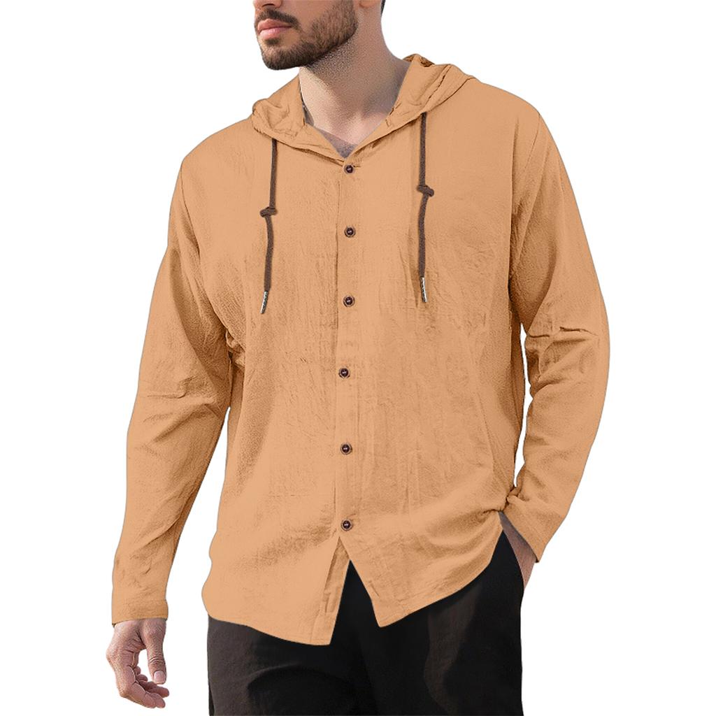 Men's Casual Cotton-Linen Blend Hooded Button-Down Shirt