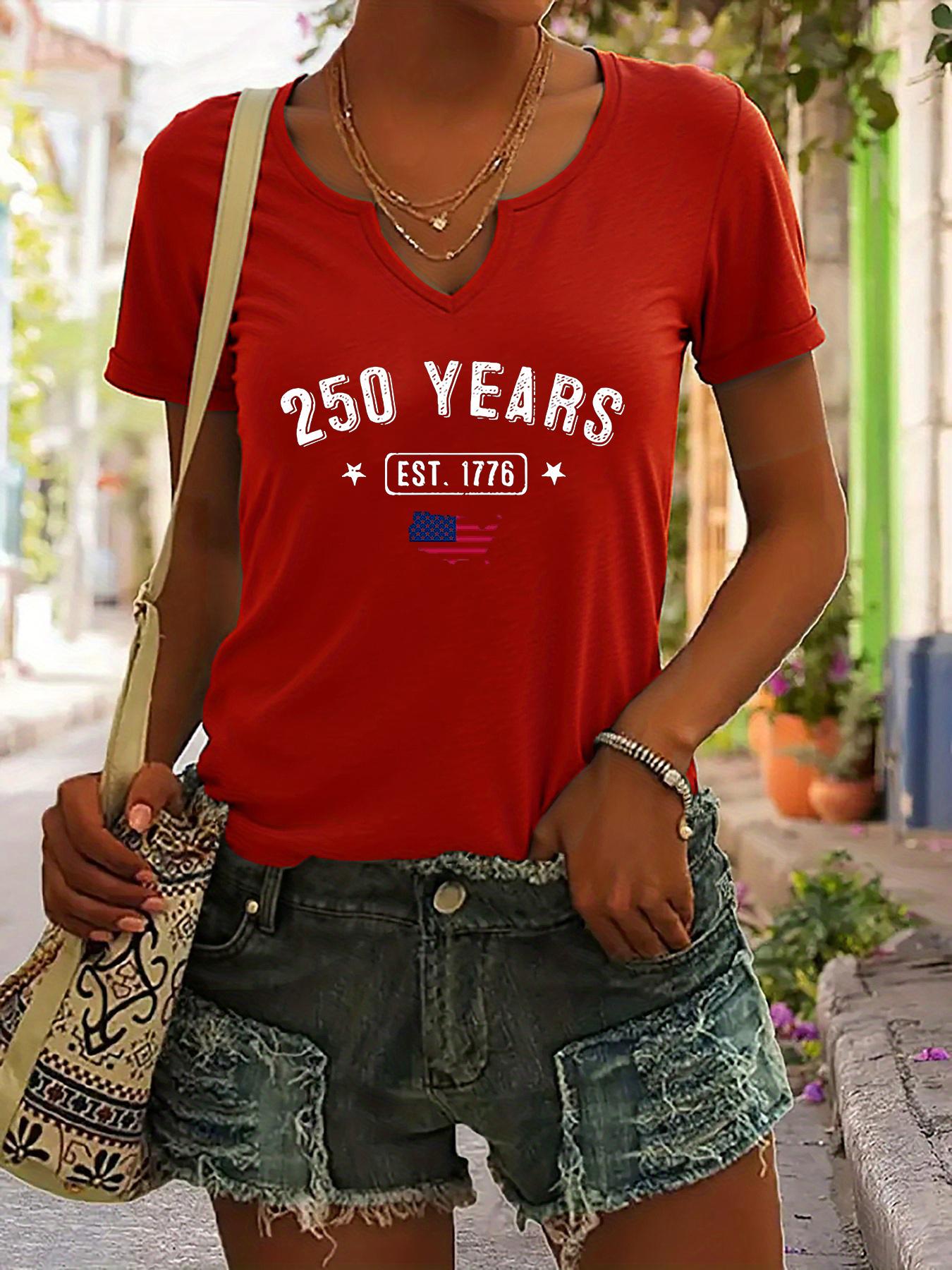 

Women s Summer V-Neck Short Sleeve T-Shirt, 250 Years EST.1776 USA Flag Print, Patriotic Casual Fashion Top S