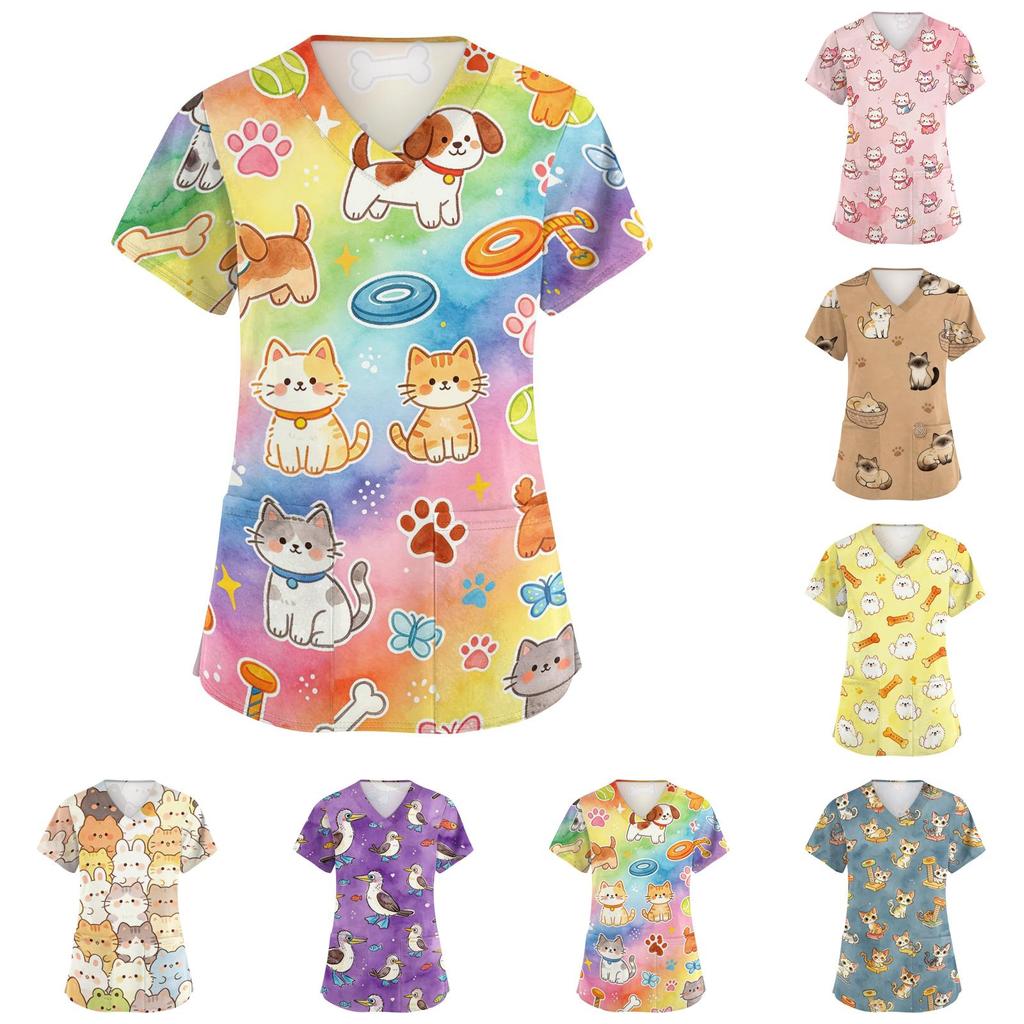 Womens V Neck Short Sleeve Work Shirt with Pockets Animal Print Top Medical Uniform Scrub Tee for Healthcare Professionals