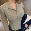 Women's Slim-Fit Green Striped Polo Collar Long-Sleeved Shirt