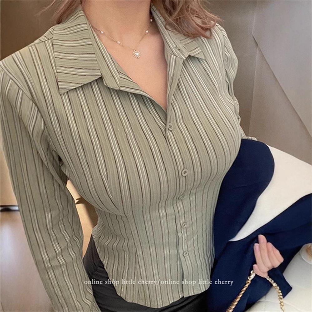 Women's Slim-Fit Green Striped Polo Collar Long-Sleeved Shirt