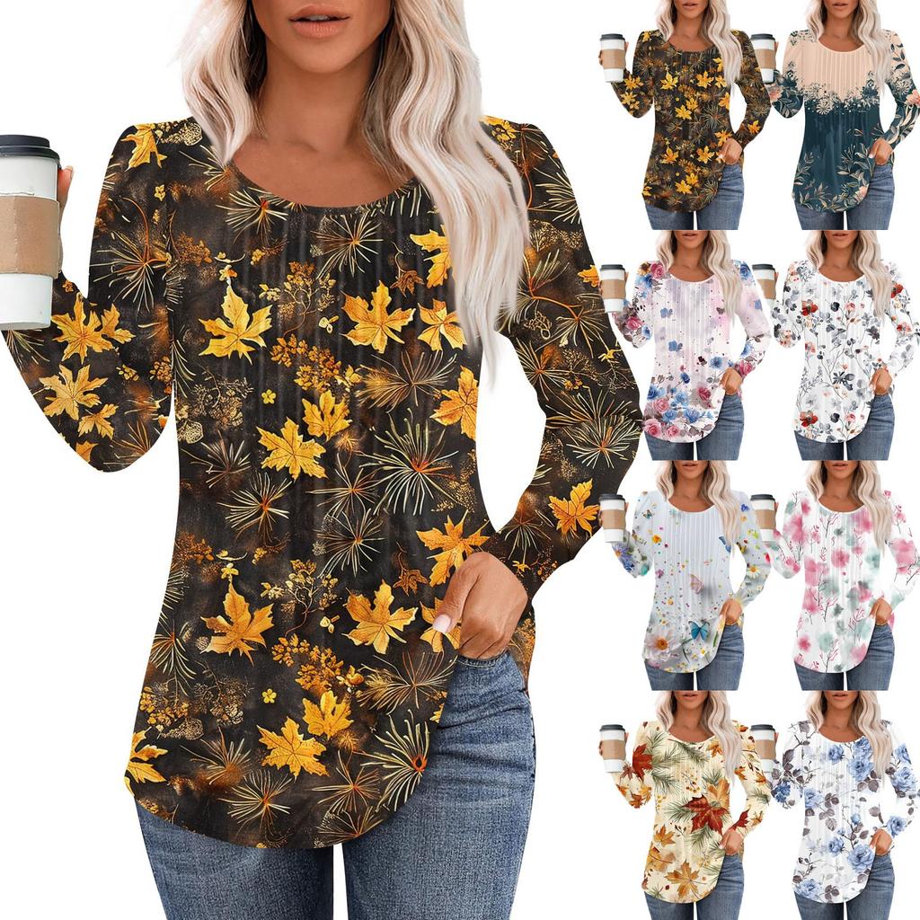 Long Sleeve Shirts For Women Tops Dressy Casual Blouses Pleated Scooped Neck Tunic Tops