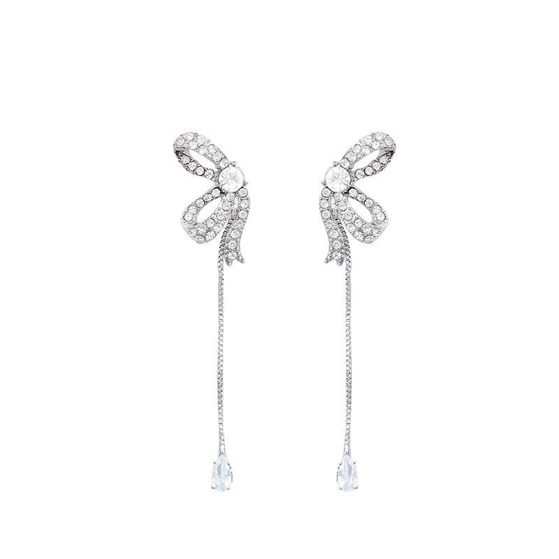 Silver Needle Bow Water Drop Tassel Earrings Women's Light Luxury Premium Temperament Earrings Explosive Unique Ear Jewelry