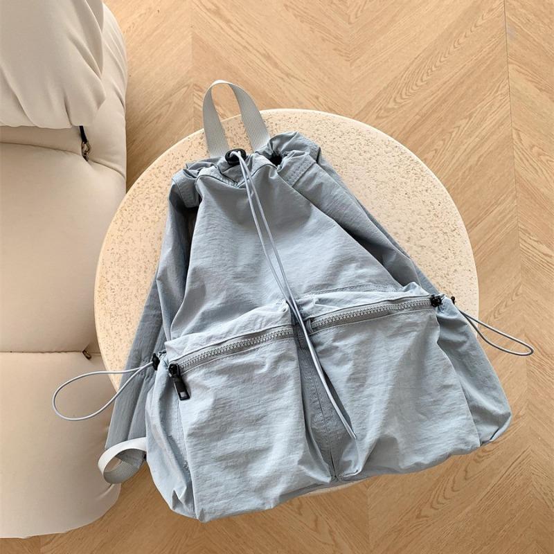 Drawstring Pleated Schoolbag Backpack Women's Niche~~ Nylon Large Capacity Travel Light Backpack Commuter Women