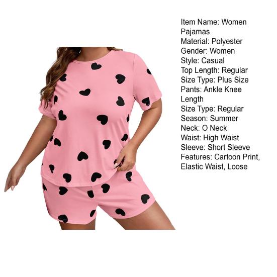 2 Pcs/Set Women Summer Pajamas Cartoon Heart Print Round Neck Short Sleeve T-shirt Elastic Waist Shorts