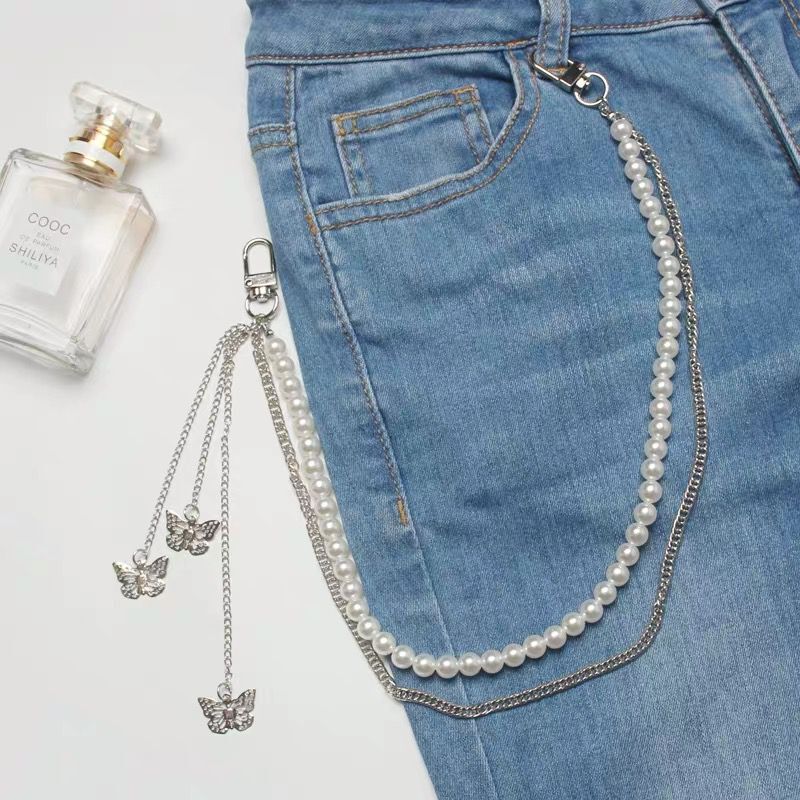 Double Layer Butterfly Pendant Pearl Alloy Pants Chain for Hip Hop Dancers Punk Girl Boy Harajuku Jeans Side Chain Bags Chain